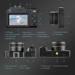 Vlogging Camera, 4K 48MP Digital Camera with WiFi, Free 32G TF Card & Hand Strap, Autofocus & Anti-Shake, Built-in 7 Color Filters, Face Detect, 3'' IPS Screen, 140°Wide Angle, 18X Digital Zoom