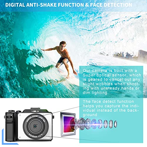 Vlogging Camera, 4K 48MP Digital Camera with WiFi, Free 32G TF Card & Hand Strap, Autofocus & Anti-Shake, Built-in 7 Color Filters, Face Detect, 3'' IPS Screen, 140°Wide Angle, 18X Digital Zoom