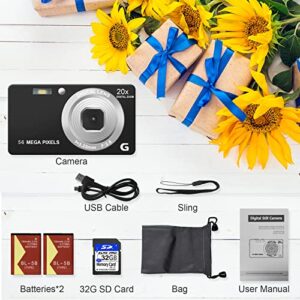 Digital Camera 4K 56MP Kids Digital Camera for Photography, Autofocus Small Digital Camera 20X Digital Zoom Portable Digital Camera for Boys and Girls with 32GB SD Card - Black