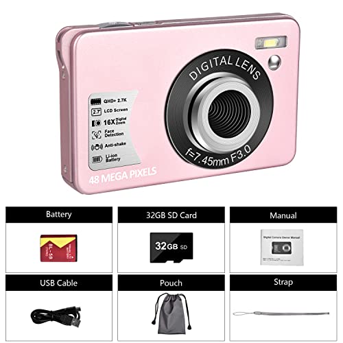 Digital Camera for Kids, 2.7K Digital Camera for Teens, Boys and Girls, 16X Digital Zoom Camera with 32GB SD Card and 2 Batteries (Pink)