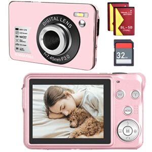 digital camera for kids, 2.7k digital camera for teens, boys and girls, 16x digital zoom camera with 32gb sd card and 2 batteries (pink)