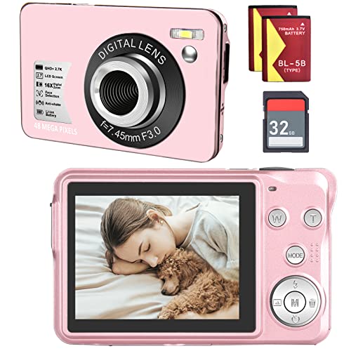 Digital Camera for Kids, 2.7K Digital Camera for Teens, Boys and Girls, 16X Digital Zoom Camera with 32GB SD Card and 2 Batteries (Pink)