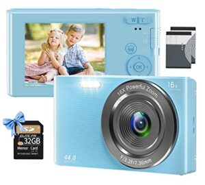 uikicon digital camera, fhd 4k 44mp kids camera video camera with 32gb sd card 16x digital zoom, compact point and shoot camera portable small camera for teens students boys girls-light blue