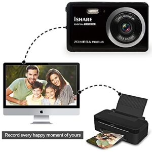 Digital Camera for Photography, 20MP Rechargeable Point and Shoot Digital Camera with 2.8" LCD 8X Digital Zoom for Kids Teens Elders（Black）