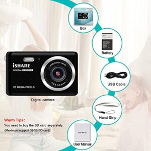 Digital Camera for Photography, 20MP Rechargeable Point and Shoot Digital Camera with 2.8" LCD 8X Digital Zoom for Kids Teens Elders（Black）