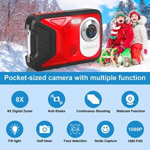 Waterproof Camera Underwater Camera for Snorkeling, Vmotal Full HD 1080P 21MP Kids Camera Rechargeable Digital Point and Shoot Cameras Vlogging Camera with 2.8 Inch Screen 8X Digital Zoom (Red)