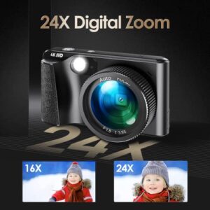 Digital Camera, 4K Digital Camera for Kids Video Camera with 32GB SD Card 24X Digital Zoom, Compact Point and Shoot Camera Portable Small Camera for Teens Students Boys Girls Seniors - Black