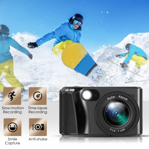 Digital Camera, 4K Digital Camera for Kids Video Camera with 32GB SD Card 24X Digital Zoom, Compact Point and Shoot Camera Portable Small Camera for Teens Students Boys Girls Seniors - Black