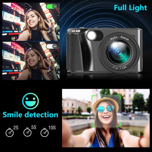 Digital Camera, 4K Digital Camera for Kids Video Camera with 32GB SD Card 24X Digital Zoom, Compact Point and Shoot Camera Portable Small Camera for Teens Students Boys Girls Seniors - Black