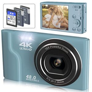 saneen digital camera, 4k kids camera with 32gb sd card and 2 rechargeable batteries, 48mp & 16x digital zoom compact point and shoot photography cameras for kids, beginners, elder – blue