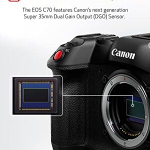 Canon EOS C70 Cinema Camera RF Mount - EF Lens Compatibility w/EF-EOS R 0.71x Adapter - 16+ Stops Dynamic Range - ND Filters - RAW Internal Recording - CMOS AF - Face Eye Detection, Subject Tracking