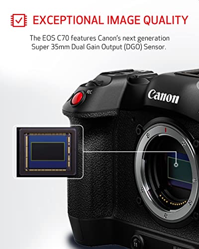 Canon EOS C70 Cinema Camera RF Mount - EF Lens Compatibility w/EF-EOS R 0.71x Adapter - 16+ Stops Dynamic Range - ND Filters - RAW Internal Recording - CMOS AF - Face Eye Detection, Subject Tracking