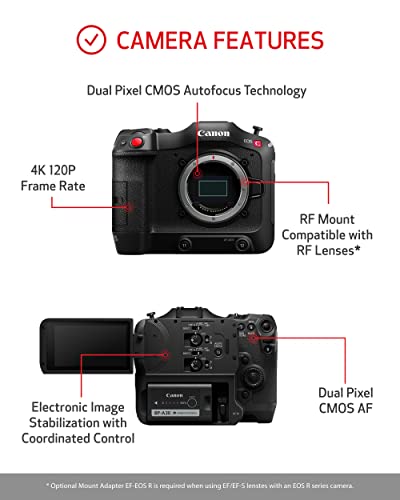 Canon EOS C70 Cinema Camera RF Mount - EF Lens Compatibility w/EF-EOS R 0.71x Adapter - 16+ Stops Dynamic Range - ND Filters - RAW Internal Recording - CMOS AF - Face Eye Detection, Subject Tracking