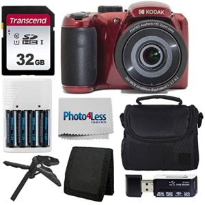 kodak pixpro az255 digital camera (red) + point & shoot camera case + 32gb sd memory card + rechargeable batteries & charger + usb card reader + table tripod + accessories