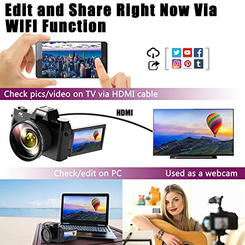 Vlogging Camera, 4K Digital Camera for YouTube with WiFi, 16X Digital Zoom, 180 Degree Flip Screen, Wide Angle Lens, Macro Lens, 2 Batteries and 32GB TF Card TopCamA02