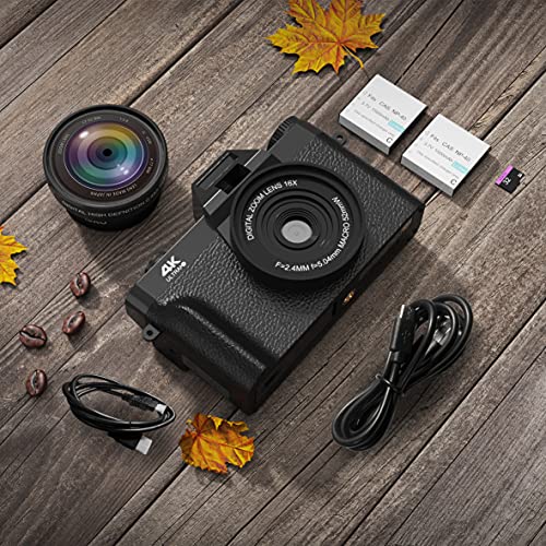 Vlogging Camera, 4K Digital Camera for YouTube with WiFi, 16X Digital Zoom, 180 Degree Flip Screen, Wide Angle Lens, Macro Lens, 2 Batteries and 32GB TF Card TopCamA02