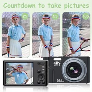 Digital Camera, FHD 4K Digital Camera for Kids & Adult, 48MP Vlogging Cameras for Photography, Small Compact Point and Shoot Digital Camera with 32GB SD Card for Beginners,Kids and Teens-Black