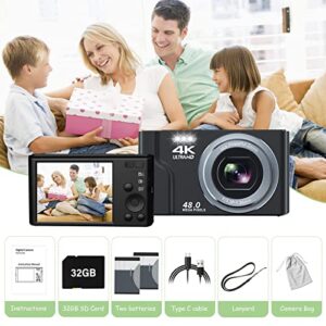 Digital Camera, FHD 4K Digital Camera for Kids & Adult, 48MP Vlogging Cameras for Photography, Small Compact Point and Shoot Digital Camera with 32GB SD Card for Beginners,Kids and Teens-Black