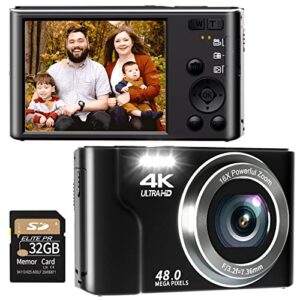 digital camera, fhd 4k digital camera for kids & adult, 48mp vlogging cameras for photography, small compact point and shoot digital camera with 32gb sd card for beginners,kids and teens-black