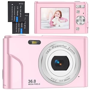 digital camera, ivecnstu fhd 1080p 36mp vlogging camera rechargeable mini compact pocket camera with lcd screen 16x zoom for adult seniors students kids beginner (pink)