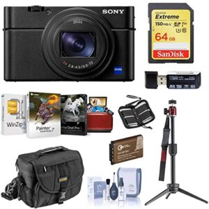 sony cyber-shot dsc-rx100 vii digital camera – bundle with 64gb sdxc u3 card, table top tripod, camera case, spare battery, memory wallet, cleaning kit, card reader, mac software package