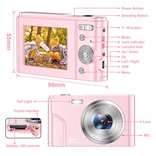 Digital Camera for Teens Kids, 1080P 48MP Kids Camera with 32GB SD Card, 2.4 Inch LCD Screen Kids Digital Camera with 16X Digital Zoom, Compact Kid Camera for Kids Girls Boys Adults Beginners (Pink)