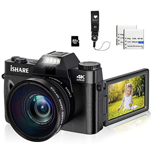 4K Digital Cameras for Photograpy, 48 MP FHD Vlogging Camera with WiFi 16X Digital Zoom 3.0 Inch Flip Screen for YouTube ( 32GB & 2 x Batteries )