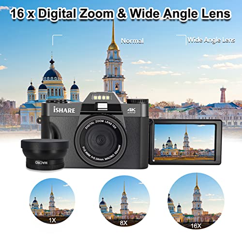 4K Digital Cameras for Photograpy, 48 MP FHD Vlogging Camera with WiFi 16X Digital Zoom 3.0 Inch Flip Screen for YouTube ( 32GB & 2 x Batteries )