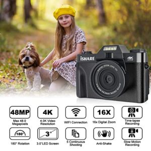 4K Digital Cameras for Photograpy, 48 MP FHD Vlogging Camera with WiFi 16X Digital Zoom 3.0 Inch Flip Screen for YouTube ( 32GB & 2 x Batteries )