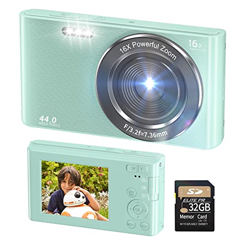 Digital Camera 4K 44MP Compact Point and Shoot Camera with 16X Digital Zoom 32GB SD Card,Kids Camera 2.4 Inch, Vlogging Camera for Teens Students Boys Girls Seniors(Green2)