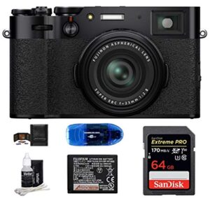 fujifilm x100v digital camera bundle includes: sandisk 64gb extreme pro sdxc memory card + spare fujifilm battery + more (6 items) (black)