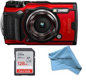 olympus tough tg-6 waterproof camera, red, bundle with: sandisk 128gb ultra memory card + inspire digital cloth