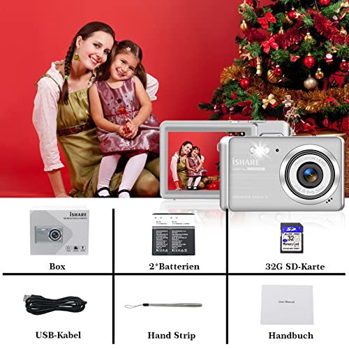 ISHARE Digital Camera for Beginners - 30MP 1080P 18X Digital Zoom 2.8”LCD Screen, Point and Shoot Camera with 2X Batteries and 32G SD Card, Ideal Cameras for Photography Enthusiasts(Silver)