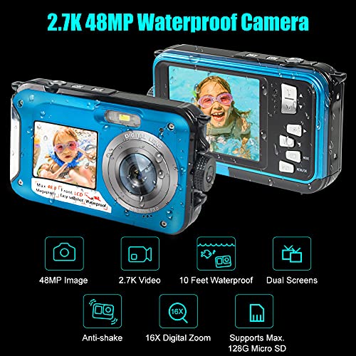 Waterproof Digital Camera Underwater Camera Full HD 2.7K 48MP Waterproof Camera with Dual Screen | 16X Digital Zoom | Flashlight