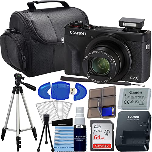 Camera PowerShot G7 X Mark II Digital Camera (Black) Bundle with SanDisk 64GB Memory Card, Full Size Tripod, High Speed Card Reader, Photo Kit (20 Items)