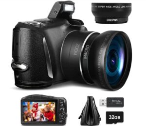 monitech digital cameras for photography 4k ，vlogging camera 48mp video camera 16x digital zoom mini camera super wide angle point and shoot digital cameras with 32gb sd card and bag