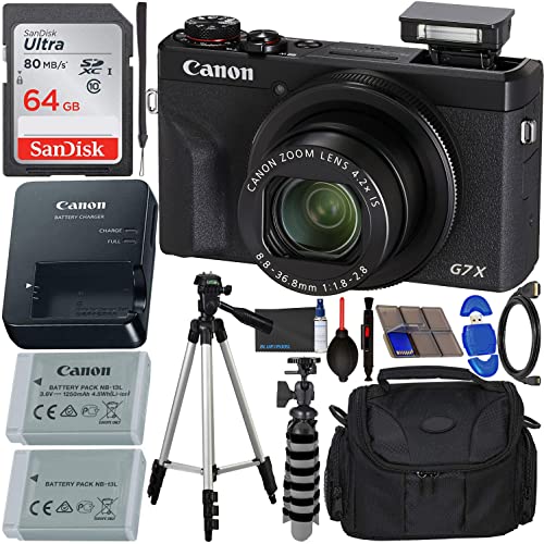 Canon PowerShot G7 X Mark III Digital Camera (Black) with Accessory Bundle - Includes: SanDisk Ultra 64GB SDXC Memory Card, Replacement Battery, Full Size Tripod, Carrying Case & More (Renewed)