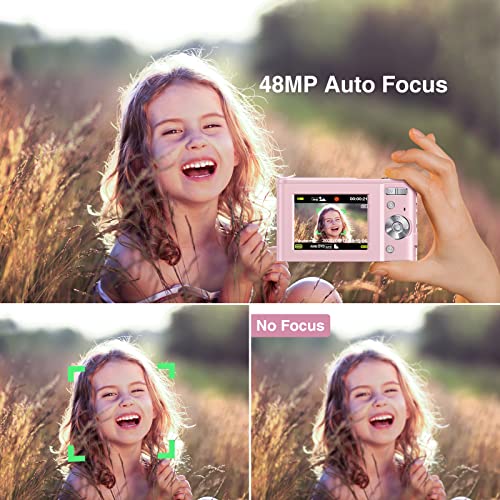 Digital Camera Auto Focus Point and Shoot Camera, FHD 1080P 48MP Kids Camera with 32GB Memory Card,16X Zoom Vlogging Camera Small Digital Cameras for Kids Teenagers Students, Pink