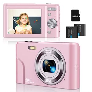 digital camera auto focus point and shoot camera, fhd 1080p 48mp kids camera with 32gb memory card,16x zoom vlogging camera small digital cameras for kids teenagers students, pink