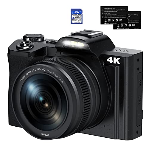 4K Digital Camera FHD 48MP Video Camera 16X Digital Zoom WiFi Vlogging Camera with Flash Light 3.7" Screen Compact Camera for Social Media 32GB SD Card 2 Batteries Wide Angle Lens Macro Lens