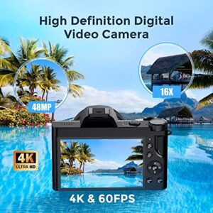 4K Digital Camera FHD 48MP Video Camera 16X Digital Zoom WiFi Vlogging Camera with Flash Light 3.7" Screen Compact Camera for Social Media 32GB SD Card 2 Batteries Wide Angle Lens Macro Lens