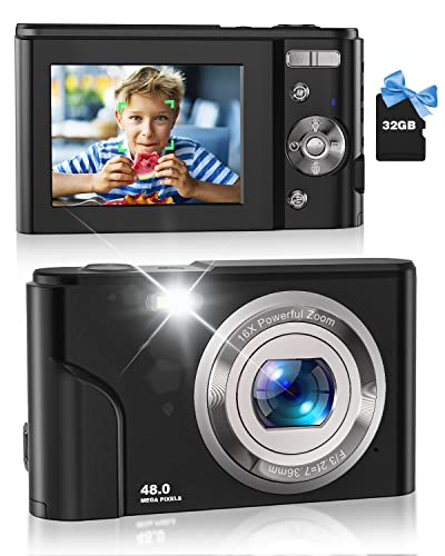 Kids Camera, Zostuic 48MP Digital Camera Autofocus with 32 GB Card FHD 1080P Vlogging Camera 16X Zoom, Compact Portable Mini Toys Cameras Gift for 4-15 Year Old Kids Children Teen Student Girls Boys