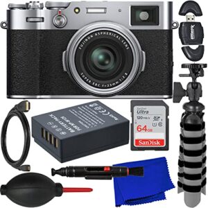 fujifilm x100v digital camera (silver) + sandisk 64gb ultra sdxc memory card, mini “gripster” tripod, spare battery, 6 ft. micro to standard hdmi cable, manufacturer’s accessories & more (17pc bundle)