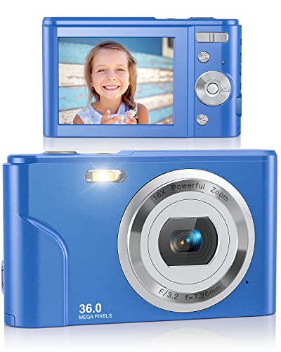 Digital Camera, Lecran FHD 1080P 36.0 Mega Pixels Vlogging Camera with 16X Digital Zoom, LCD Screen, Compact Portable Mini Cameras for Students, Teens, Kids (Blue)