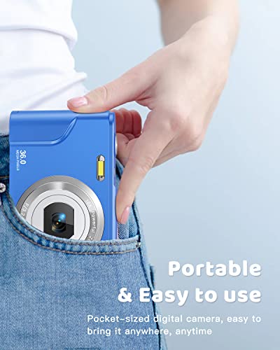 Digital Camera, Lecran FHD 1080P 36.0 Mega Pixels Vlogging Camera with 16X Digital Zoom, LCD Screen, Compact Portable Mini Cameras for Students, Teens, Kids (Blue)