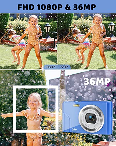 Digital Camera, Lecran FHD 1080P 36.0 Mega Pixels Vlogging Camera with 16X Digital Zoom, LCD Screen, Compact Portable Mini Cameras for Students, Teens, Kids (Blue)