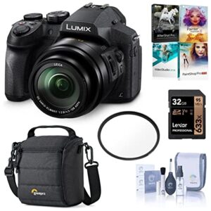 panasonic lumix dmc-fz300 digital camera, 12.1 megapixel, 1/2.3-inch sensor, 4k video, splash/dustproof body, 24x zoom lens f2.8 bundle with bag, 32gb sd card, pc software pack, filter, cleaning kit