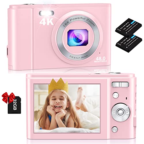 Digital Camera, Nsoela 4K FHD 48MP Kids Camera with 32 GB Card, Compact Point and Shoot Camera, 2.8" LCD Screen,16X Digital Zoom, Portable Mini Kids Camera for Teens,Students,Children (Pink)