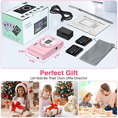 Digital Camera, Nsoela 4K FHD 48MP Kids Camera with 32 GB Card, Compact Point and Shoot Camera, 2.8" LCD Screen,16X Digital Zoom, Portable Mini Kids Camera for Teens,Students,Children (Pink)