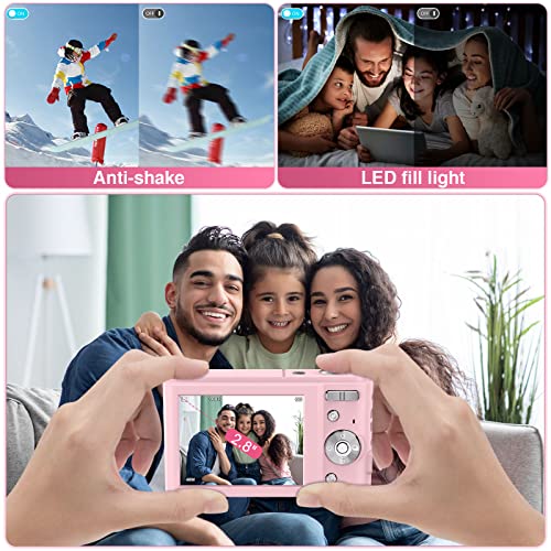 Digital Camera, Nsoela 4K FHD 48MP Kids Camera with 32 GB Card, Compact Point and Shoot Camera, 2.8" LCD Screen,16X Digital Zoom, Portable Mini Kids Camera for Teens,Students,Children (Pink)